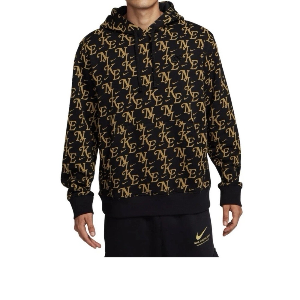 NWT Nike Men's Sportswear Club Black Gold Monogram Fleece Printed Hoodie Sz SM